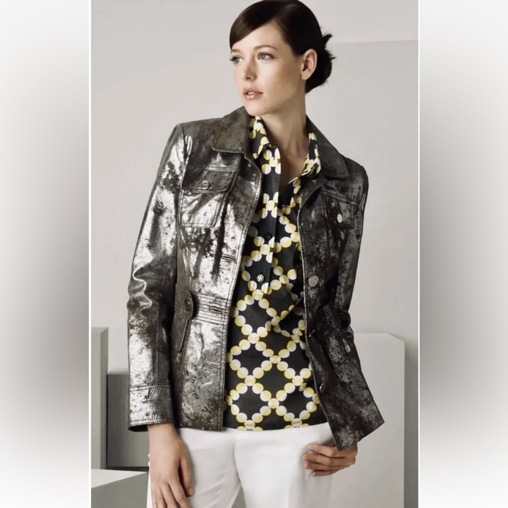 Tory Burch Sargent Pepper Distressed Leather Silver Metallic Jacket sz 8 medium